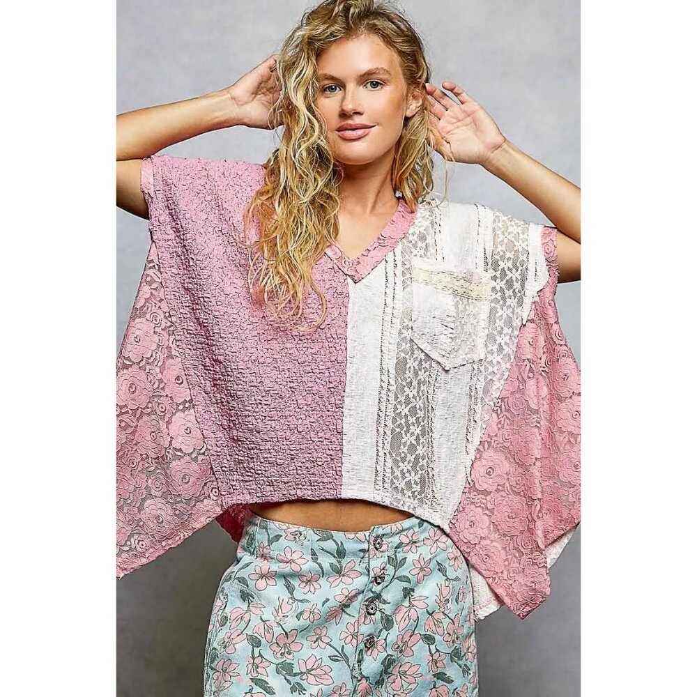 POL Asymmetrical V-Neck Short Sleeve Lace Top